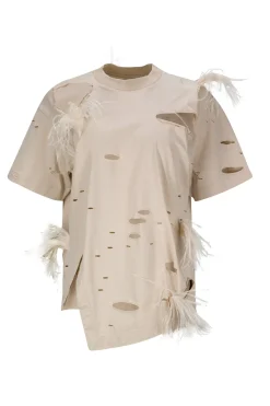 Marques ' Almeida Tops | Tops | DISTRESSED T-SHIRT WITH FEATHERS BEIGE