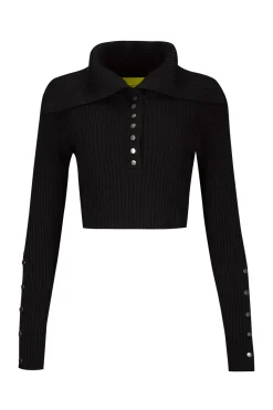 Marques ' Almeida Tops | Knitwear | BLACK MERINO WOOL KNITTED CROPPED TOP WITH BIG COLLAR