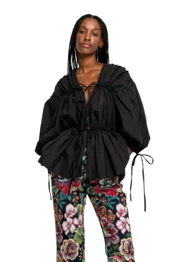 Marques ' Almeida Tops | WRINKLED COTTON LACES RUCHED BLOUSE BLACK