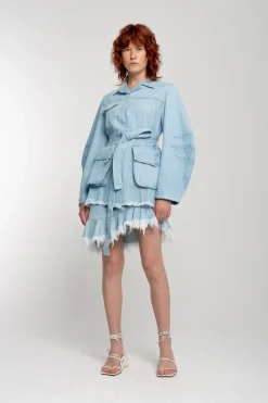 Marques ' Almeida Outerwear | Denim | BLUE ROUND SLEEVE MULTI POCKET JACKET LIGHTBLUE