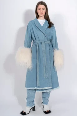 Marques ' Almeida Denim | Outerwear | DRESSING GOWN COAT WITH SHEARLING CUFFS BLUE