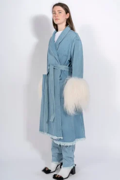 Marques ' Almeida Denim | Outerwear | DRESSING GOWN COAT WITH SHEARLING CUFFS BLUE