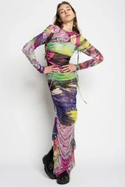 Marques ' Almeida Dresses | Dresses | GRAFFITI PRINT LONG GATHERED MESH DRESS MULTICOLOUR