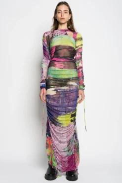Marques ' Almeida Dresses | Dresses | GRAFFITI PRINT LONG GATHERED MESH DRESS MULTICOLOUR