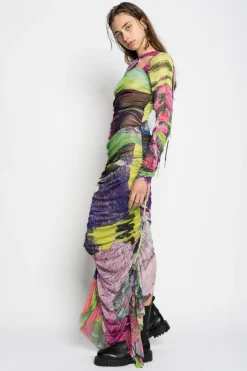 Marques ' Almeida Dresses | Dresses | GRAFFITI PRINT LONG GATHERED MESH DRESS MULTICOLOUR