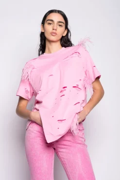 Marques ' Almeida Tops | Tops | DISTRESSED T-SHIRT WITH FEATHERS PINK