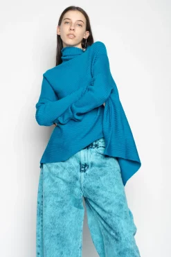 Marques ' Almeida Knitwear | Tops | TURQUOISE DRAPED JUMPER IN MERINO KNIT BLUE