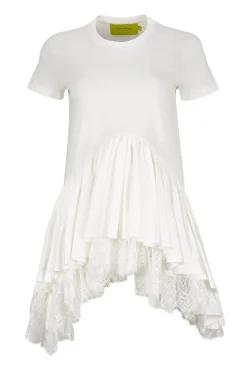 Marques ' Almeida Tops | CAP SLEEVE T-SHIRT WITH FRILL AND LACE HEM WHITE