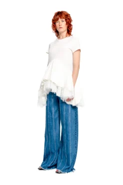 Marques ' Almeida Tops | CAP SLEEVE T-SHIRT WITH FRILL AND LACE HEM WHITE