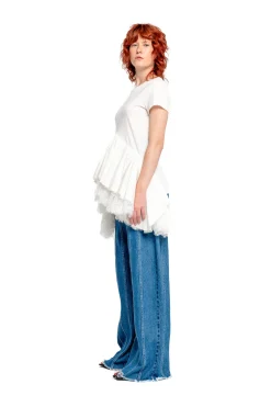 Marques ' Almeida Tops | CAP SLEEVE T-SHIRT WITH FRILL AND LACE HEM WHITE