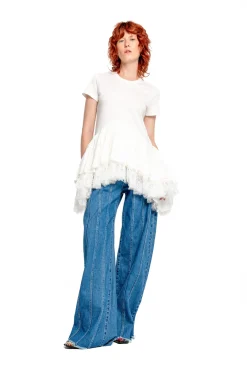 Marques ' Almeida Tops | CAP SLEEVE T-SHIRT WITH FRILL AND LACE HEM WHITE