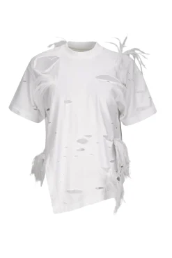 Marques ' Almeida Tops | Tops | DISTRESSED T-SHIRT WITH FEATHERS WHITE