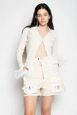 Marques ' Almeida Tops | Knitwear | MERINO WOOL CARDIGAN WITH FEATHERS WHITE