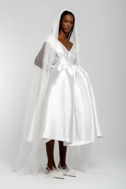Marques ' Almeida Bridal | V NECK CINCHED PLEATED MIDI DRESS WHITE