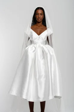 Marques ' Almeida Bridal | V NECK CINCHED PLEATED MIDI DRESS WHITE