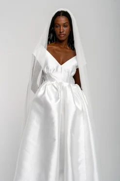 Marques ' Almeida Bridal | V NECK CINCHED PLEATED MIDI DRESS WHITE