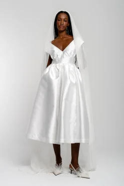 Marques ' Almeida Bridal | V NECK CINCHED PLEATED MIDI DRESS WHITE